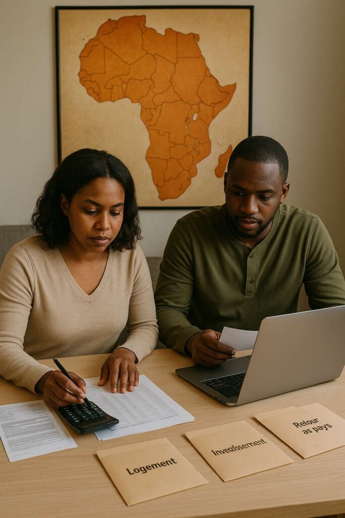 Couple africain assis à une table en train de gérer son budget, avec un ordinateur portable, une calculatrice et des enveloppes budgétaires, devant une carte orangée de l’Afrique accrochée au mur.