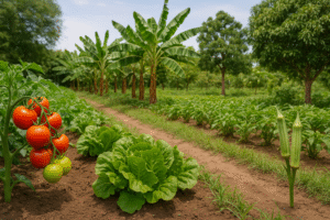 Champ agricole montrant à gauche des cultures à cycle court (tomates, laitue, gombo) et à droite des cultures à cycle long (bananiers, manguiers, papayers).