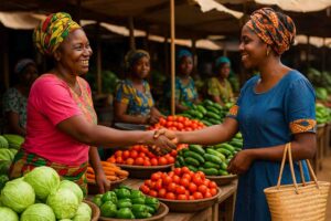Femmes d’Afrique de l’Ouest échangeant une poignée de main sur un marché rempli de légumes frais