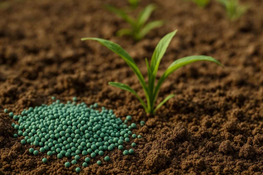 Granules d’engrais NPK déposés au sol à côté d’un jeune plant
