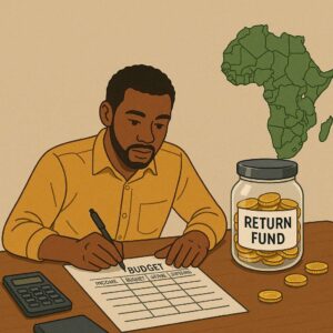 Jeune homme africain assis à une table, écrivant son budget avec une calculatrice, un carnet, un pot de pièces marqué "Return Fund" et une carte de l’Afrique en arrière-plan. Illustration sur la gestion financière en Occident pour préparer un retour et un investissement en Afrique.