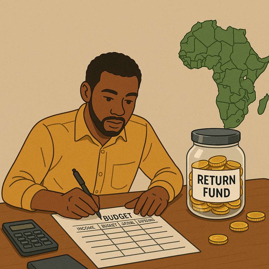 Jeune homme africain assis à une table, écrivant son budget avec une calculatrice, un carnet, un pot de pièces marqué "Return Fund" et une carte de l’Afrique en arrière-plan. Illustration sur la gestion financière en Occident pour préparer un retour et un investissement en Afrique.