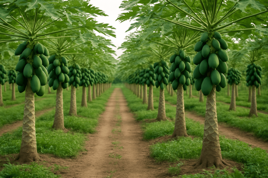 Une rangĂ©e de papayers bien alignĂ©s dans une plantation en Afrique de lâOuest