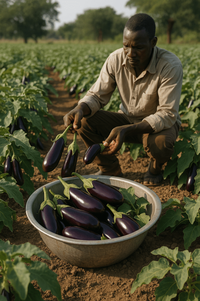 Un agriculteur africain en train de récolter des aubergines dans un champ bien entretenu