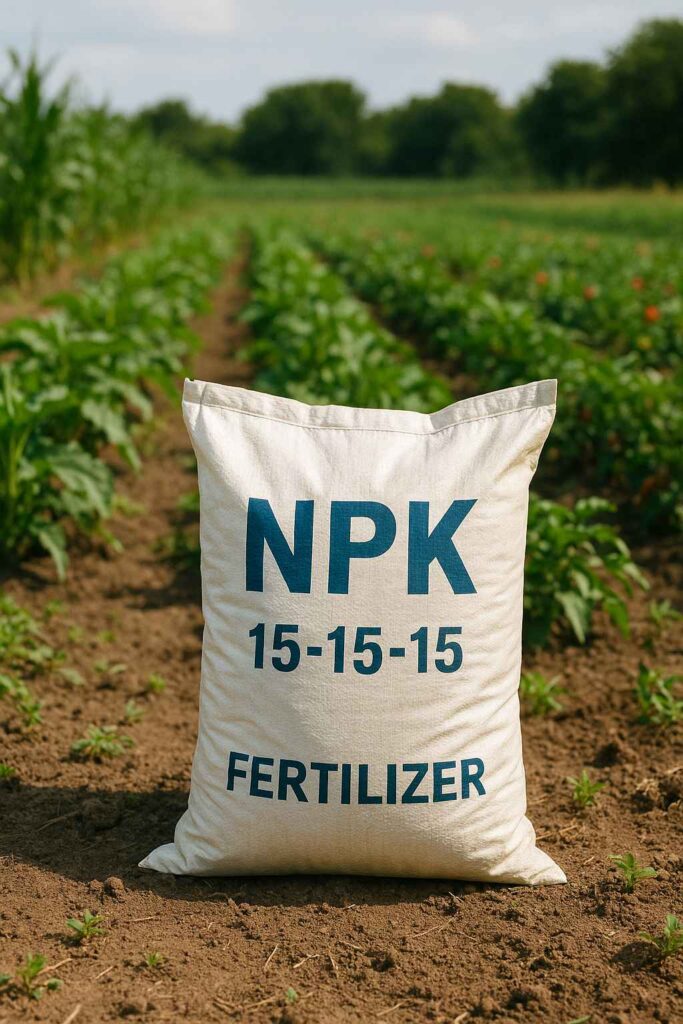 Sac d’engrais NPK posé dans un champ agricole en Afrique