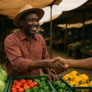 Agriculteur africain souriant serrant la main d’un acheteur sur un marché rempli de légumes frais
