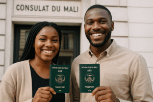 Un couple noir malien tient un passeport malien AES devnt le consulat du mali