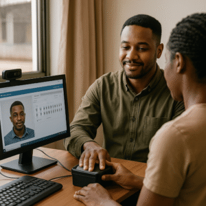 Un homme effectue son enregistrement biométrique au bureau, posant sa main sur un lecteur d’empreintes pendant qu’une agente saisit les données sur ordinateur.