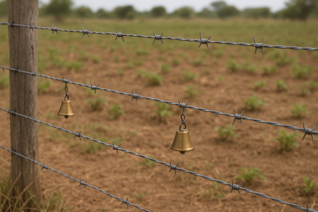 Clôture en fil barbelé avec petites clochettes suspendues, protégeant un champ agricole en Afrique.