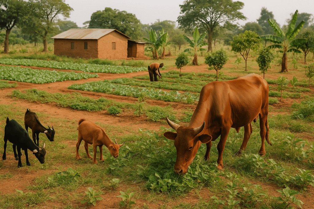 Ferme agro-pastorale en Afrique avec cultures maraîchères, vaches et chèvres pâturant devant une maison en banco