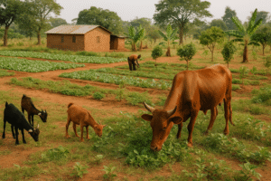 Ferme agro-pastorale en Afrique avec cultures maraîchères, vaches et chèvres pâturant devant une maison en banco