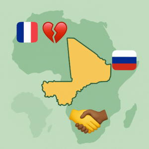 Images avec une carte de l'Afrique du Mali et de la France de la Russie avec une rupture entre la France et le Mali et une alliance entre le Mali et la Russie L'image représente une carte d'Afrique verte également