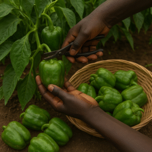Main noire coupant un poivron vert avec des ciseaux lors d'une récolte en Afrique, avec un panier en osier rempli de poivrons.