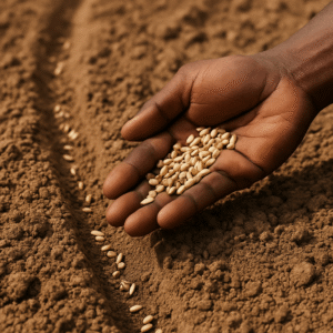 Main d'un agriculteur africain en gros plan semant des graines dans un sol sec et labouré, sous la lumière naturelle du jour.