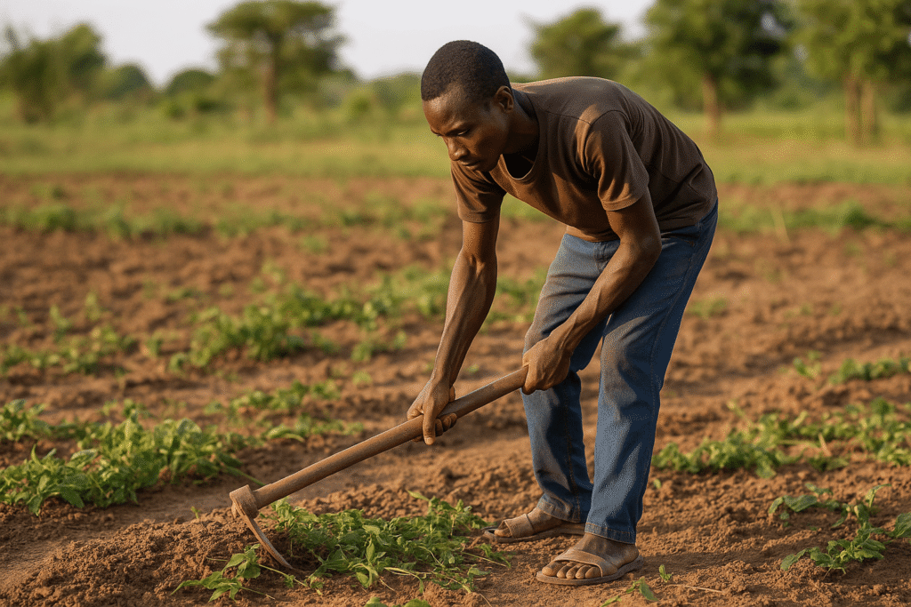 Agriculteur africain désherbant son champ avant les semis pour préparer le sol