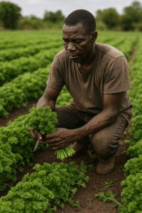 Agriculteur africain coupant du persil dans un champ ensoleillé.