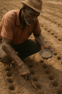 Agriculteur africain âgé semant plusieurs graines dans des pokés alignés à la main sur un champ sec.