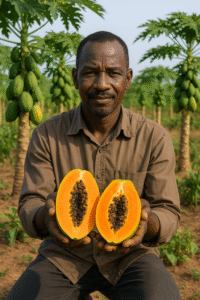 Cultivateur africain accroupi présentant une papaye coupée en deux dans un champ de papayers