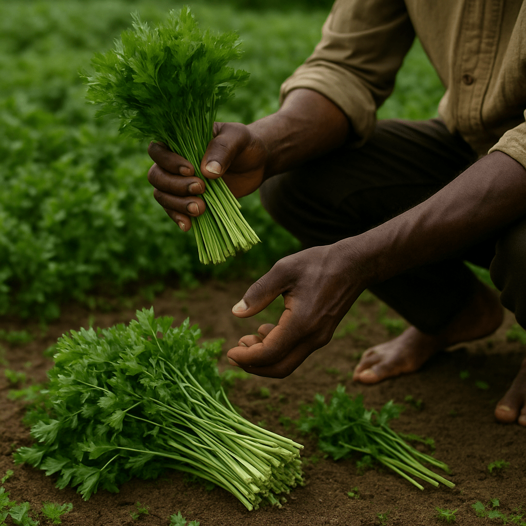 Agriculteur africain récoltant du persil dans un champ verdoyant