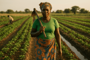 Femme agricultrice en Afrique tenant une houe dans un champ, illustrant la culture sans posséder de terrain grâce à la location et à l’échange de parcelles.