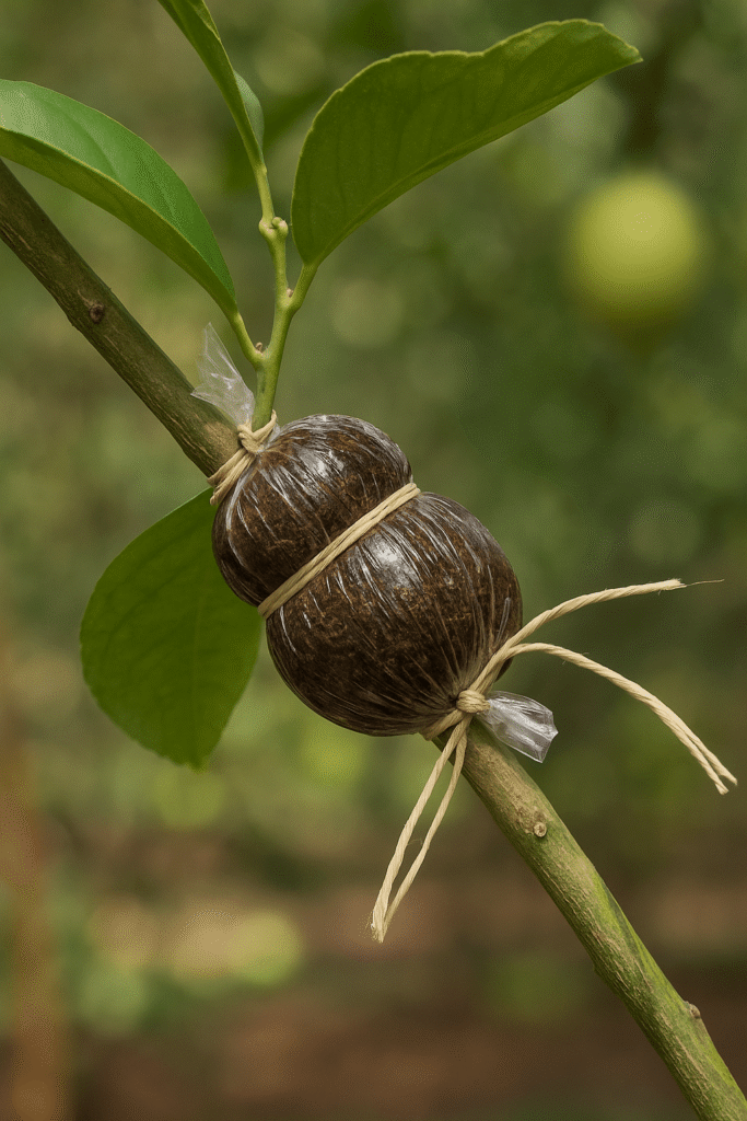 Marcottage aérien d’un citronnier — branche entourée de substrat humide dans un film plastique, méthode naturelle pour multiplier un arbre fruitier sans greffe.