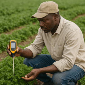 Agriculteur africain vérifiant le pH du sol dans un champ verdoyant.
