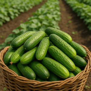 Panier rempli de concombres fraîchement récoltés dans un champ en Afrique.