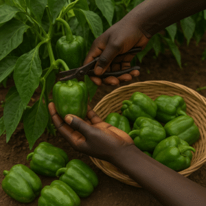 Récolte de poivrons verts dans une ferme africaine, une personne coupe un poivron mûr avec des ciseaux de jardin.