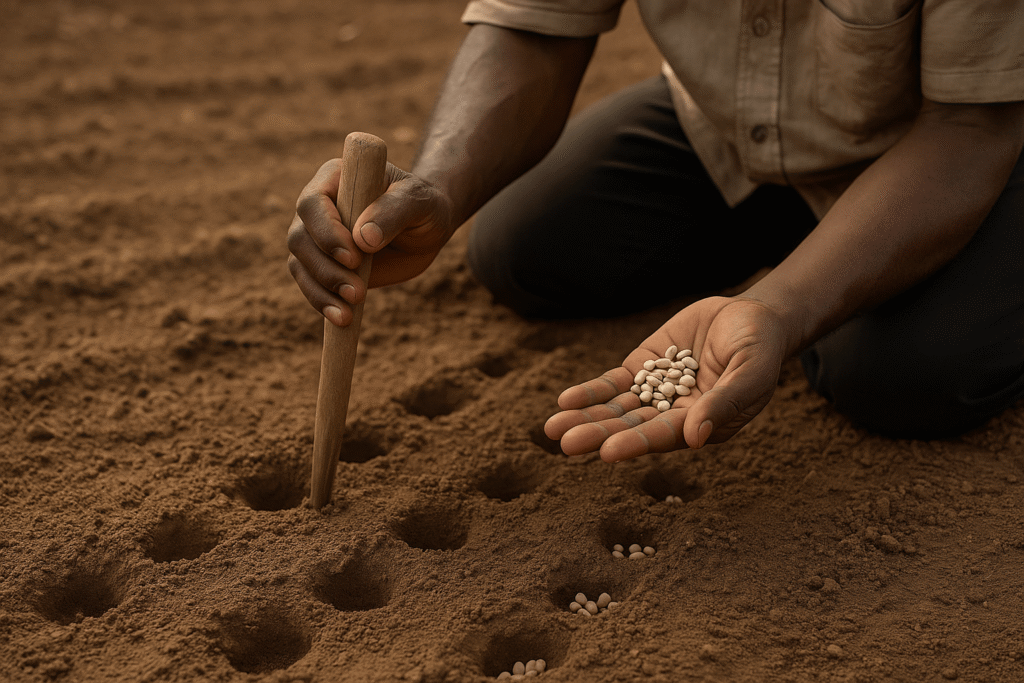 Un agriculteur sème à la main plusieurs semences dans des trous espacés, à l’aide d’un bâton en bois, sur un sol sec et bien préparé.