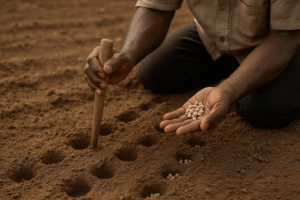 Un agriculteur sème à la main plusieurs semences dans des trous espacés, à l’aide d’un bâton en bois, sur un sol sec et bien préparé.