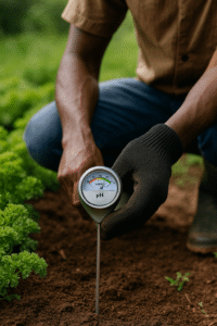Agriculteur africain utilisant un appareil numérique pour mesurer le pH du sol dans un champ de persil.
