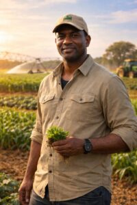 Image représentant un entrepreneur africain sur le terrain agricole, incarnant la vision long terme et l’investissement productif.