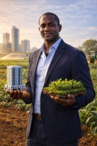 Entrepreneur africain illustrant la transition entre immobilier et agriculture