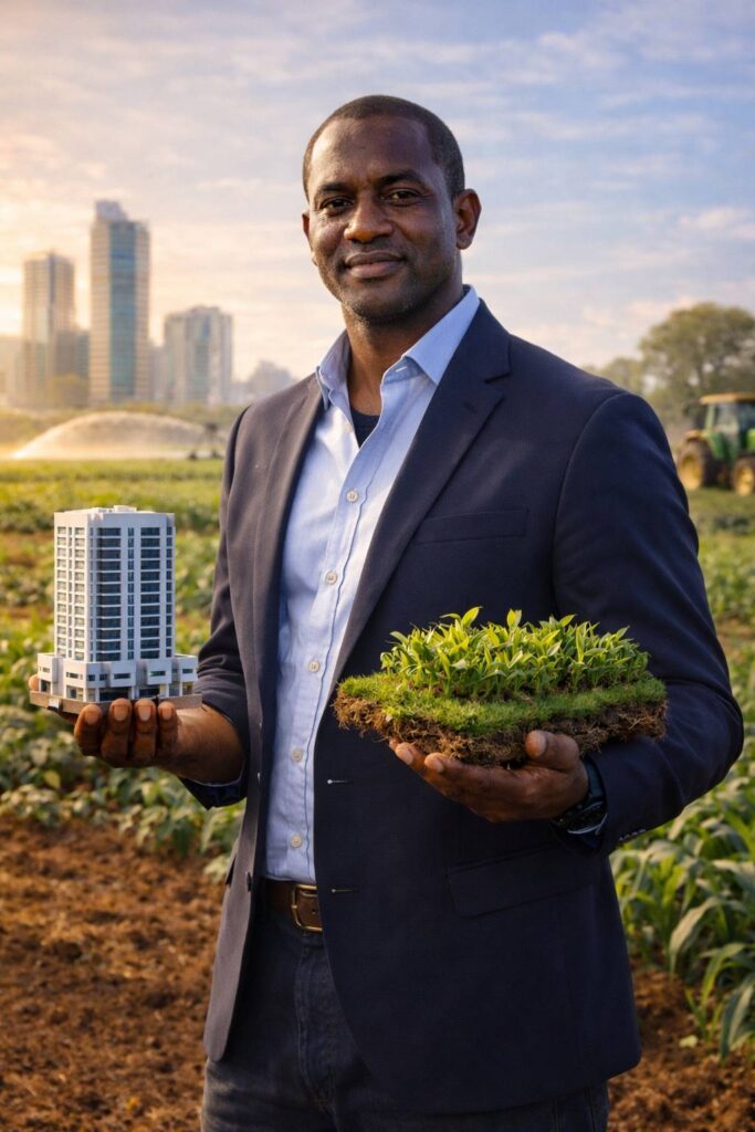 Entrepreneur africain illustrant la transition entre immobilier et agriculture