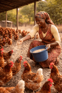 Femme africaine donnant à manger à des poules dans une ferme avicole en Afrique dans le cadre d’un élevage rentable
