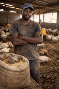 Homme dans un poulailler en Afrique ramassant des poules mortes suite à des maladies aviaires