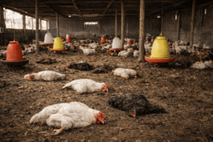 ules mortes au sol dans un poulailler en Afrique après un épisode de maladie aviaire ou de stress thermique.