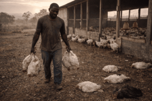 Homme dans un poulailler en Afrique ramassant des poules mortes suite à des maladies aviaires