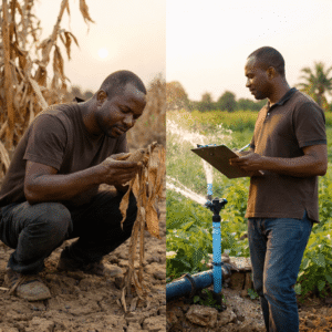 Homme africain accroupi observant une culture sèche à côté d’un autre producteur debout dans un champ irrigué, illustrant la différence entre agriculture sans préparation et agriculture maîtrisée.