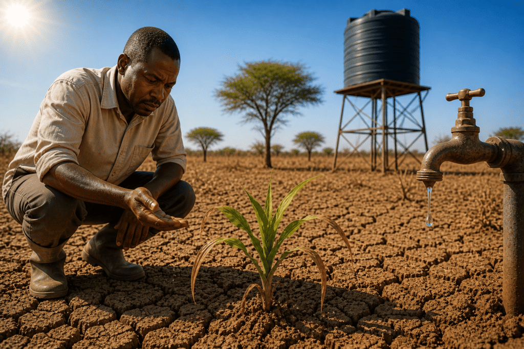 Agriculteur en Afrique face à un champ sec avec un manque d’eau pour ses cultures