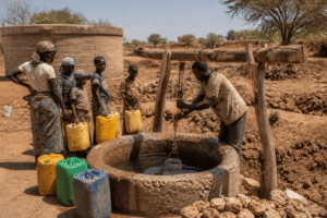 Famille africaine puisant de l’eau dans un puits dans un village rural