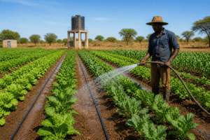 Agriculteur irriguant ses cultures avec un système d’arrosage en Afrique
