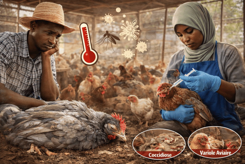 Éleveuse africaine soignant une poule malade dans un poulailler, illustration des maladies fréquentes dans l’élevage de poules en Afrique.