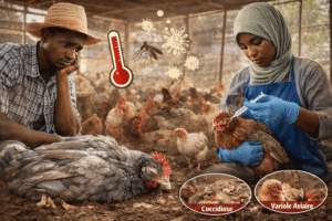 Éleveuse africaine soignant une poule malade dans un poulailler, illustration des maladies fréquentes dans l’élevage de poules en Afrique.