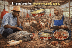 Éleveurs africains observant une poule morte dans un poulailler, illustration des maladies des poules et des pertes possibles dans un élevage en Afrique.