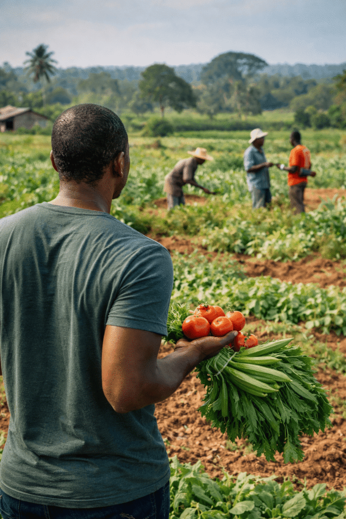 Premier voyage de la diaspora en Afrique pour un projet agricole avec échange entre agriculteurs dans un champ