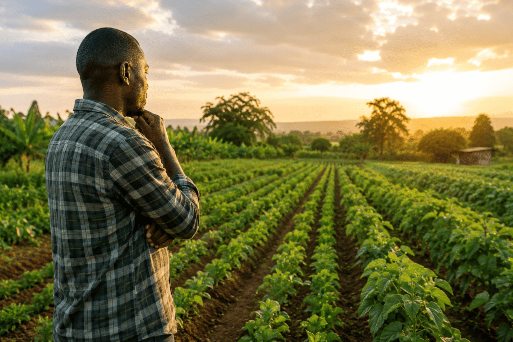 Homme de la diaspora observant un champ agricole en Afrique au coucher du soleil avant d’investir dans l’agriculture