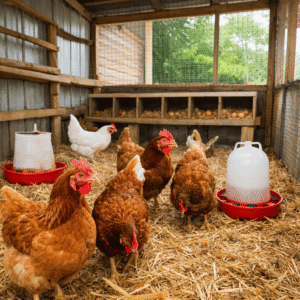 Poulailler propre avec litière en paille pour poules pondeuses en Afrique