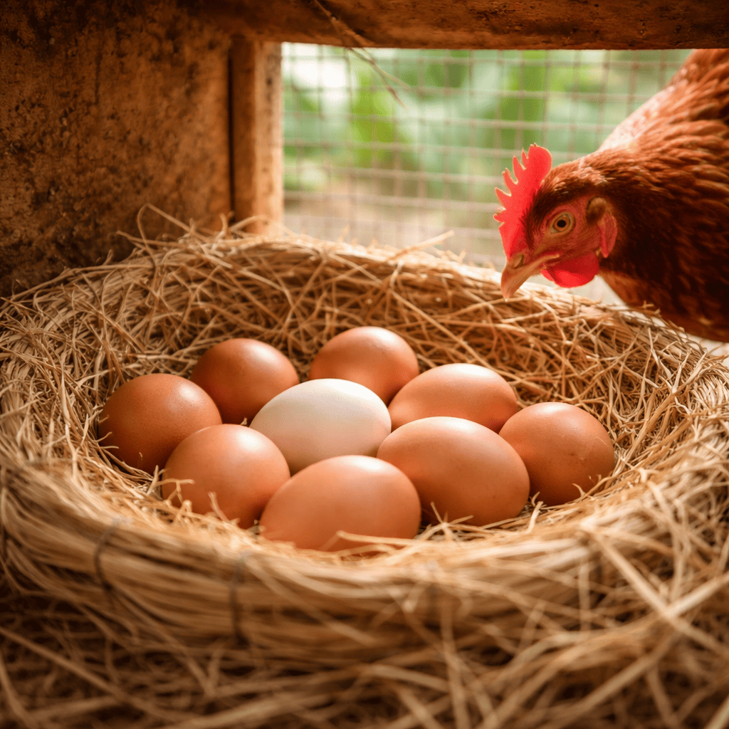 Poulailler avec pondoir en paille et œufs de poules pondeuses