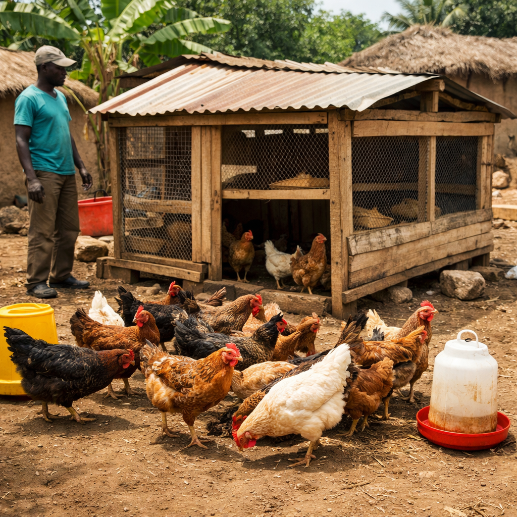 Petit élevage de poules en Afrique avec poulailler simple et poules locales